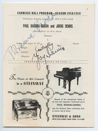 Badura-Skoda, Paul. (1927–2019) & Demus, Jörg. (1928–2019) Signed Carnegie Hall Program