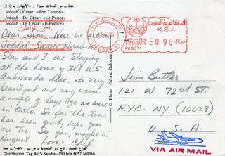 Baker, Chet. (1929 - 1988) Autograph Postcard from Saudi Arabia