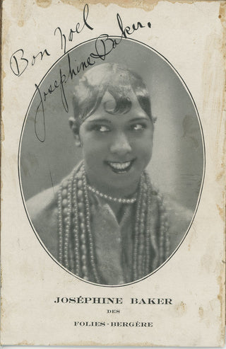 Baker, Josephine. (1906–1975) Original Ca. 1926 Folies-Bergère Postcard Photograph with Printed Christmas Message