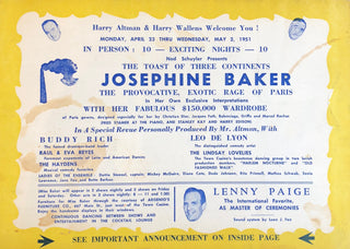 Baker, Josephine. (1906–1975) "Josephine Baker... with her Fabulous $150,000 Wardrobe" - Original Town Casino Show Bill