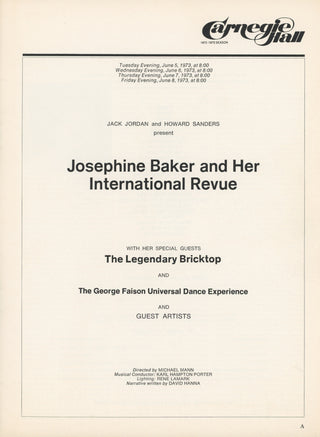 [Baker, Josephine. (1906-1975)] "Josephine Baker and Her International Revue" - Carnegie Hall Program