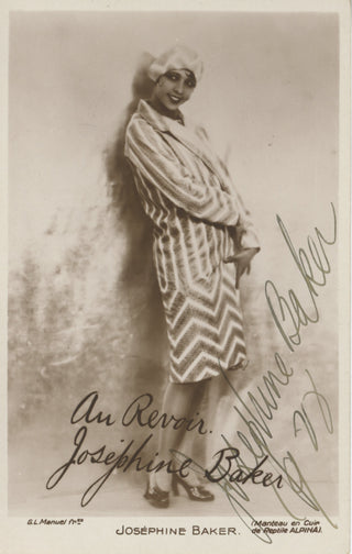 Baker, Josephine. (1906–1975) Signed Postcard Photograph in a Reptile Coat!