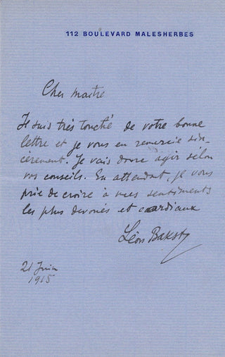 Bakst, Léon. (1866–1924) Autograph Letter to Frantz Jourdain