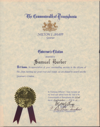 [Barber, Samuel. (1910–1981)] Commonwealth of Pennsylvania Certificate Awarding the Composer the Governor's Citation