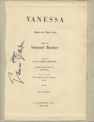 Barber, Samuel. (1910–1981) Signed Title Page from "Vanessa"