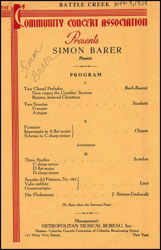 Barere, Simon. (1896 - 1951) Signed Program