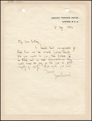 Barrie, J.M. (1860 - 1937) Autograph Letter Regarding "Peter Pan."