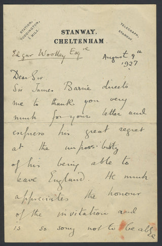 [Barrie, J.M. (1860–1937)] [Woolley, Monty. (1888–1963)] Secretarial Letter to Actor Monty Woolley