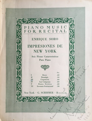 [Ravel, Maurice. (1875-1937)] Barriga, Enrique Soro. (1884 - 1954) IMPRESIONES DE NEW YORK   - Inscribed by the Composer to Maurice Ravel