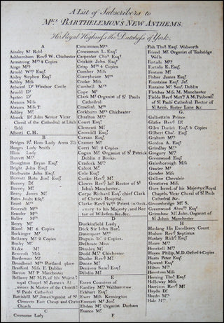 Barthélemon, Maria [née Polly Young, Maria Young]. (1749 - 1799) Three Hymns and Three Anthems composed for the Asylum &amp; Magdalen Chapels...Respectfully Dedicated to the Governors of those Charities. Op. 3. SIGNED