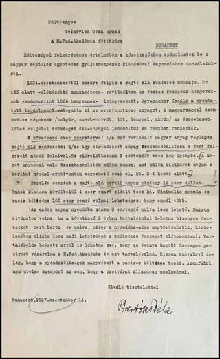 Bartók, Béla. (1881–1945) Important Letter about the Collection of Folk Music