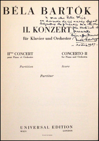 Bartók, Béla. (1881–1945) [Boulanger, Nadia. (1887–1979)] II. Konzert für Klavier und Orchester. Partitur. - INSCRIBED BY BOULANGER