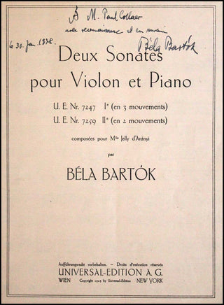 Bartók, Béla. (1881–1945) & D’Aranyi, Jelly. (1893–1966) Deux Sonates pour Violon et Piano.  IIe - INSCRIBED to Paul Collaer