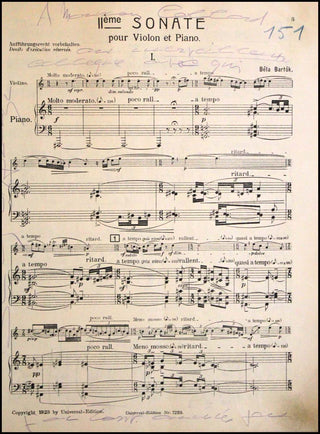 Bartók, Béla. (1881–1945) & D’Aranyi, Jelly. (1893–1966) Deux Sonates pour Violon et Piano.  IIe - INSCRIBED to Paul Collaer