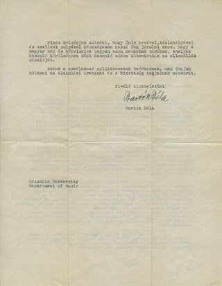 Bartók, Béla. (1881–1945) Signed Letter about Hungary in WWII and The Commission of the Arts and Sciences of Independent Hungary