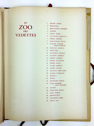 Piaf, Edith. (1915–1963) & Chevalier, Maurice. (1888–1972) & Mistinguett. (1875–1956) & Gabin, Jean. (1904–1976) [Bastia, Georges. (1904–1980)] Le Zoo des Vedettes. 30 Lithographies originales de Georges Bastia. Preface de Marcel Achard