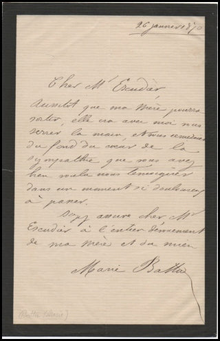 Battu, Marie. (1838-1888)  Affectionate letter to the French Publisher, Escudier