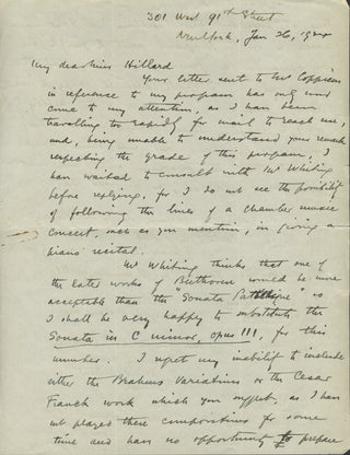 Bauer, Harold. (1873–1951) "The 'Papillons' of Schumann...is in my opinion a finer composition than the 'Carnaval'"  - Autograph Letter