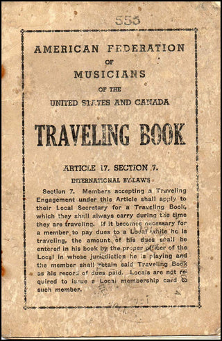 Bechet, Sidney. (1897–1959) Rare 1948 traveling book from Bechet’s time with Jazz Limited