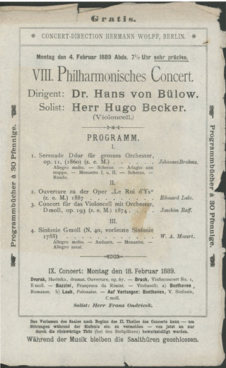 [Becker, Hugo. (1863–1941)] [Bülow, Hans von. (1830–1894)] [Raff, Joachim. (1822 - 1882)] 1889 Berlin Philharmonic Program