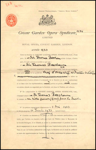 Beecham, Thomas. (1879–1961) Signed 1933 Covent Garden Contract