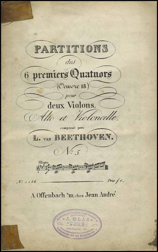 Beethoven, Ludwig van. (1770–1827) Partitions des 6 premiers Quatuors (Oeuvre 18.), pour deux Violons, Alto et Violoncelle ... No.5 [only]