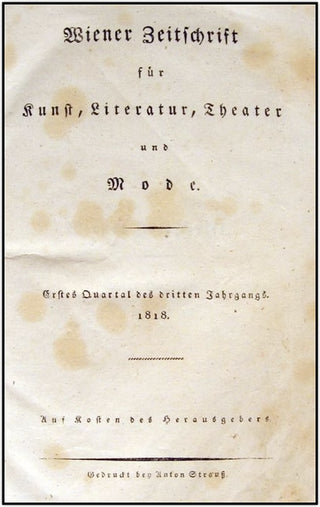 Beethoven, Ludwig van. (1770–1827) "Resignation" [Des Kriegers Abschied]. Weiner Zeitschrift fur Kunst, Literatur, Theater und Mode, 1818.