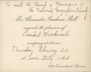 [Bell, Alexander Graham. (1847–1922)] Printed Invitation to Dinner with National Geographic Society Board of Managers