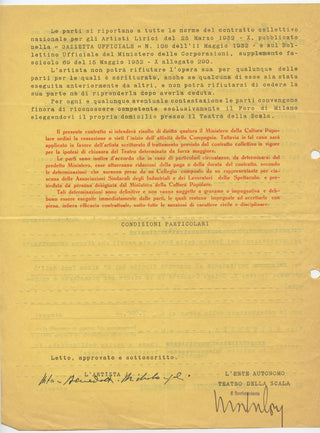 Benedetti Michelangeli, Arturo. (1920–1995) Autograph Contract with La Scala, with Autograph Letter Signed from his Wife