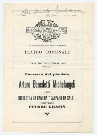 Benedetti Michelangeli, Arturo. (1920–1995) Signed Program