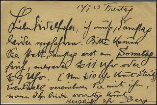 Berg, Alban. (1885 - 1935) Autograph Letter to Bruno Seidelhofer