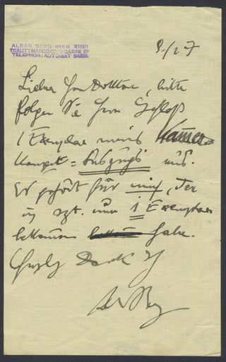 Berg, Alban. (1885–1935) Autograph Letter Signed about his Kammerkonzert