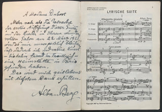 [Second Viennese School] Berg, Alban. (1885-1935) Lyric Suite for String Quartet - INSCRIBED TO JEANNE DUBOST WITH NOTE FROM THE COMPOSER