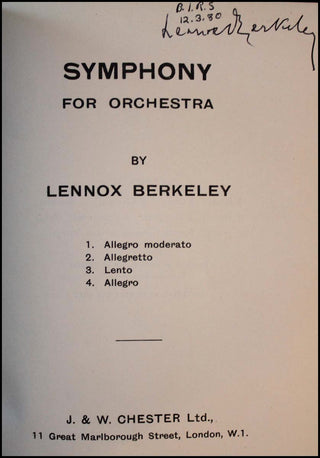 Berkeley, Lennox. (1903-1989) "Symphony for Orchestra" - SIGNED