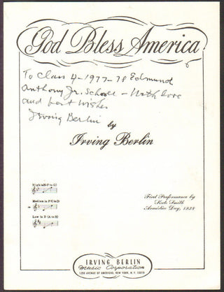 Berlin, Irving. (1888–1989) "God Bless America" - Signed Sheet Music to an Elementary School