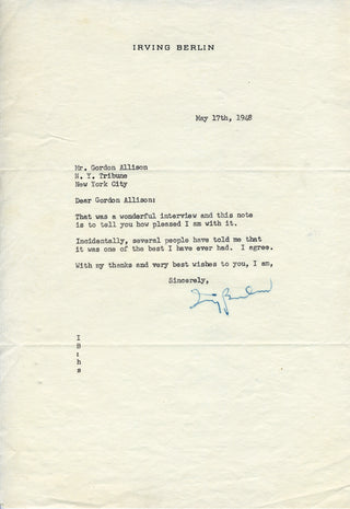 Berlin, Irving. (1888-1989) Typed Letter Signed to Gordon Allison