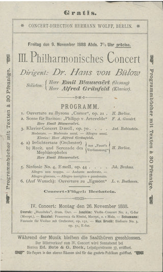 [Berlin Philharmonic]  [Bülow, Hans von. (1830–1894)] [Kogel, Gustav F. (1849–1921)] [Soldat, Marie. (1863–1955)] [Pauer, Max von. (1866-1945)] 1880s Berlin Philharmonic Programs