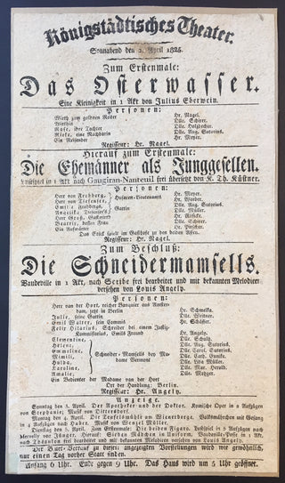 [Berlin Theater] Original 1825 Berlin Theater Broadside