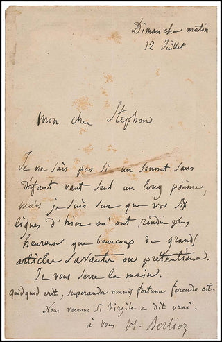 Berlioz, Hector. (1803 - 1869) Autograph Letter to Stephen Heller, quoting Virgil