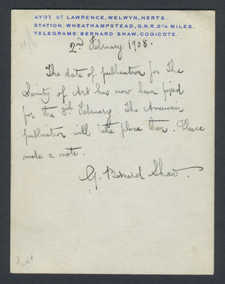 Shaw, George Bernard. (1856–1950) Autograph Postcard regarding the publishing of "The Sanity of Art"