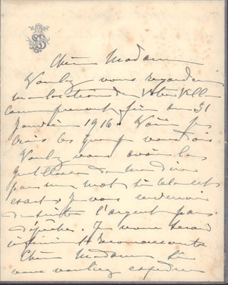 [Film & Theatre] Bernhardt, Sarah. (1844-1923)  Autograph Letter