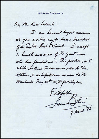 Bernstein, Leonard. (1918–1990) Autograph Letter regarding English Bach Festival.