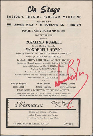 [Bernstein, Leonard. (1918–1990)] Signed Pre-Broadway "Wonderful Town" Program