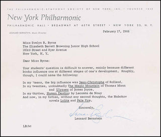 Bernstein, Leonard. (1918–1990) Signed Letter regarding the books most influential to him