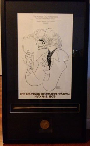 Bernstein, Leonard. (1918–1990) Bernstein's Baton and National Art's Club Medal Ensemble, framed with a Signed Hirshfeld Lithograph