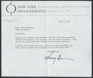 Bernstein, Leonard. (1918–1990) [Monteux, Doris Hodgkins. (1894–1984)] [Monteux, Pierre. (1875–1964)] Typed Letter Signed to Doris Monteux