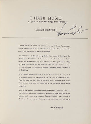 Bernstein, Leonard. (1918–1990) "I Hate Music!" - Signed Score