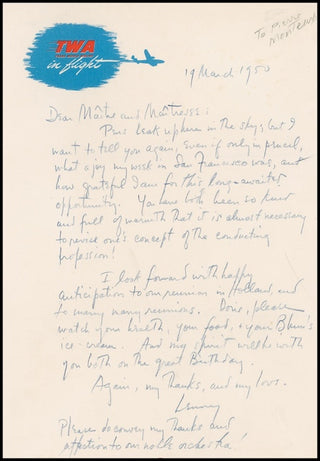 Bernstein, Leonard. (1918–1990) Autograph Letter to Pierre Monteux