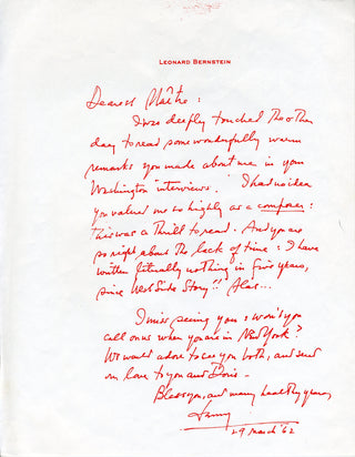 Bernstein, Leonard. (1918–1990) [Monteux, Pierre. (1875–1964)] Facsimile Autograph Letter to Monteux