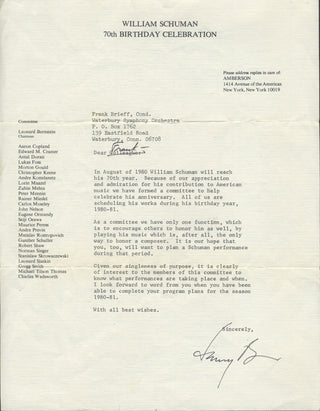 Bernstein, Leonard. (1918–1990) [Schuman, William. (1910–1992)] Typed Letter Signed about William Schuman's 70th Birthday